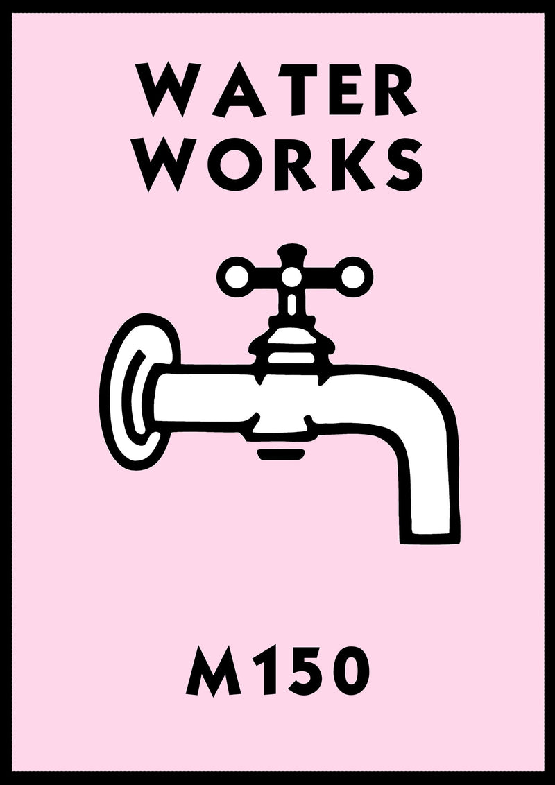 Monopoly Water Works Poster available in  Various Sizes and colours Framed Unframed Wall Art Deco Minimalist Home Decor House Gift Idea