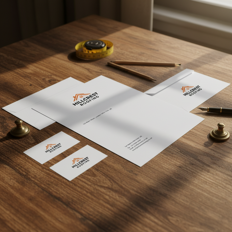 stationery items including a letterhead, business card, and envelope on a wooden surface.