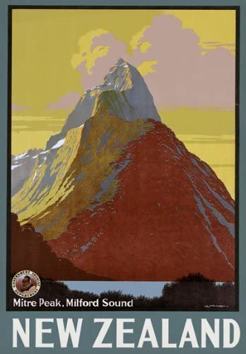Vintage New Zealand Mitre Peak Milford Sound Travel Poster Re-Print