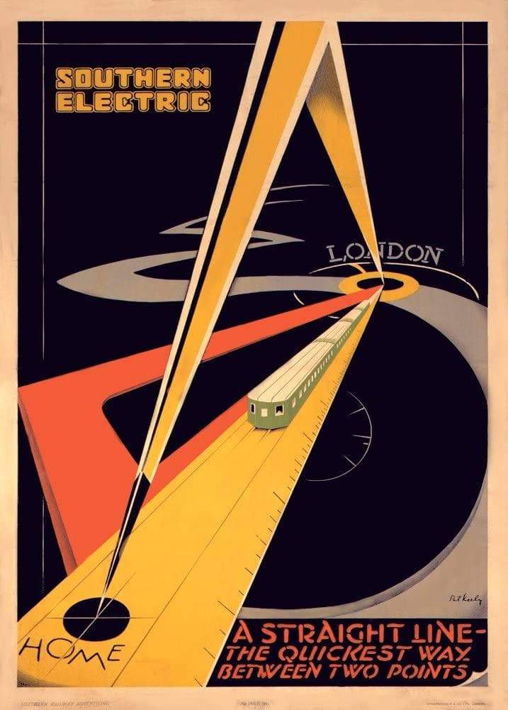Vintage Travel England 'Southern Electric for a Straight Line. The Quickest Way Between Two Points', 1925, Reproduction   Vintage Art Deco Travel Poster