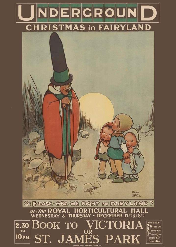 Vintage London Underground 'Christmas in Fairyland', 1910, by Mabel Lucie Attwell, Reproduction Classic English Travel Poster (Various Sizes Available)