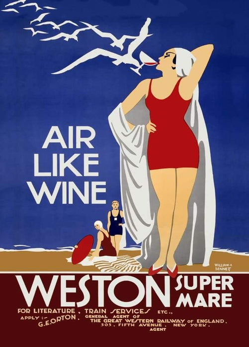 Vintage Travel England 'Weston Super Mare for Air Like Wine', Circa. 1920-30's, Reproduction   Art Deco Vintage Poster