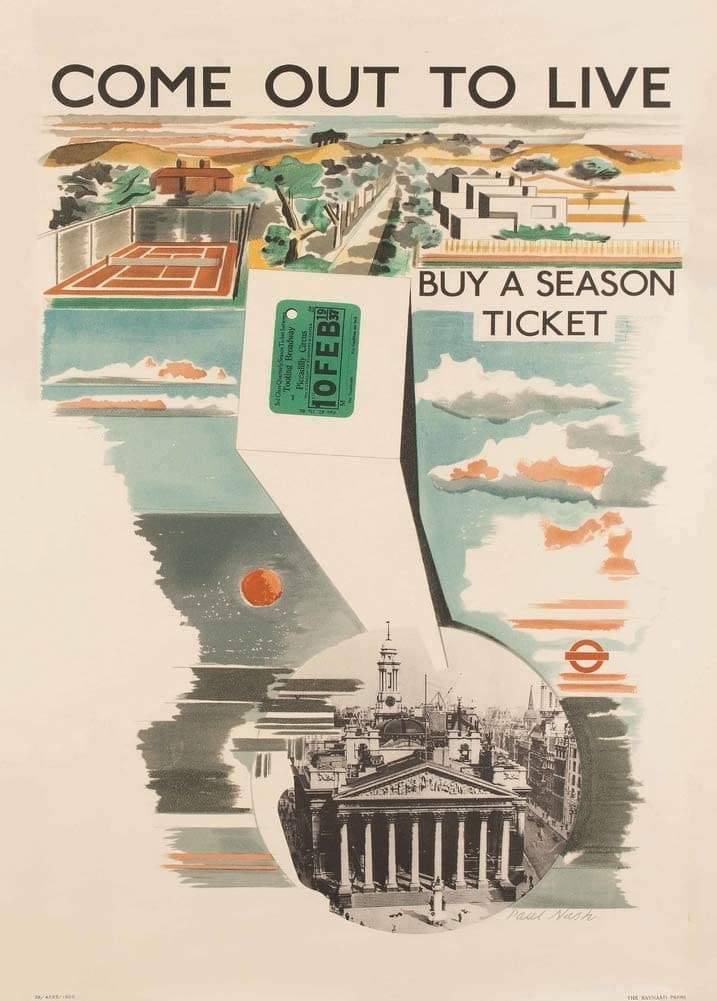 Vintage London Underground 'Come Out to Live', 1936, Paul Nash (1889-1946), Reproduction Art Deco Vintage English Travel Poster (Various Sizes Available)
