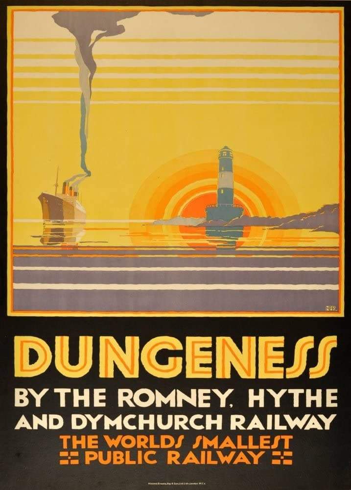 Vintage Travel England 'Dungeness in Kent by The Romney, Hythe and Dymchurch Railways. The World's Smallest Railways', 1929, Reproduction   Vintage Art Deco Travel Poster