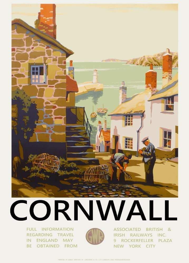 Vintage Travel England 'Cornwall with Great Western Railway', 1930's, Reproduction   Vintage Art Deco Travel Poster