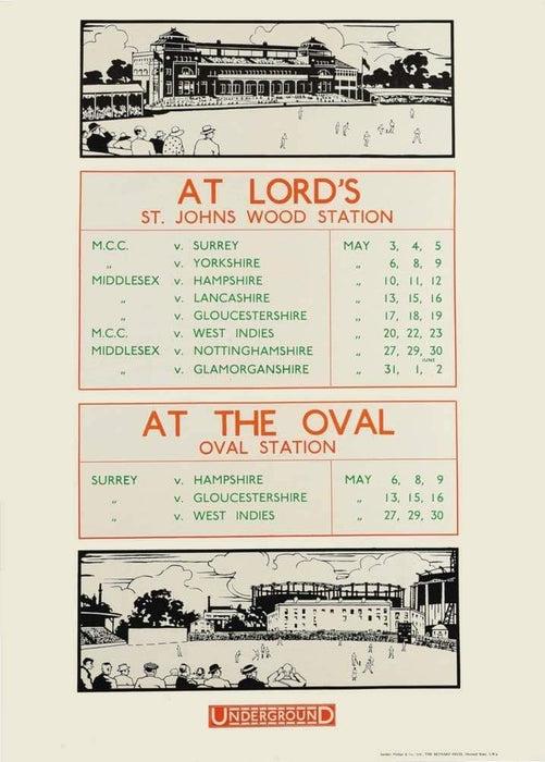 Vintage London Underground 'Cricket at Lord's and The Oval', 1913, Reproduction   Classic English Travel Poster
