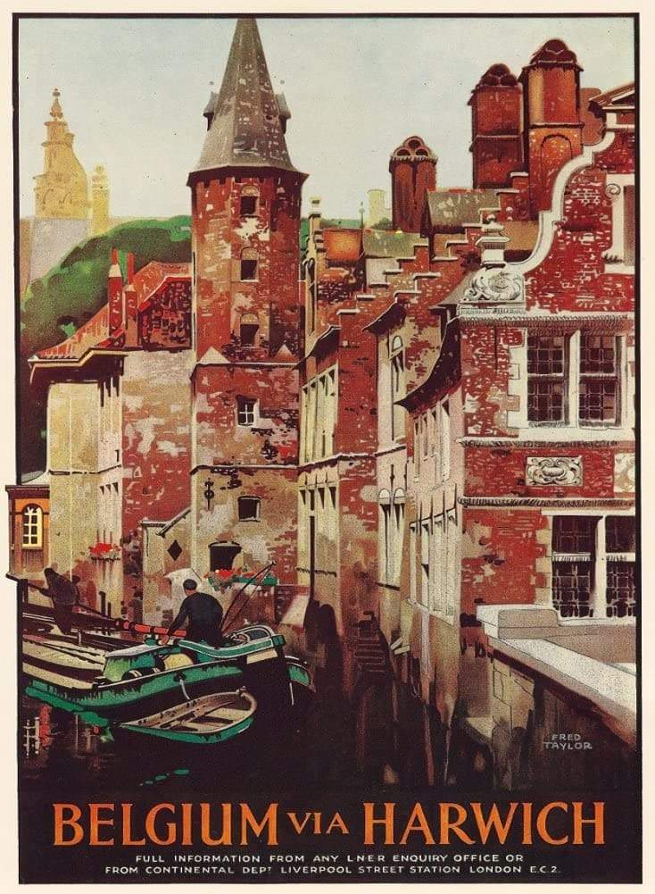 Vintage Travel Belgium 'Harwich from Liverpool Street Station, London', England, 1924, Fred Taylor, Reproduction   Vintage Art Deco Travel Poster