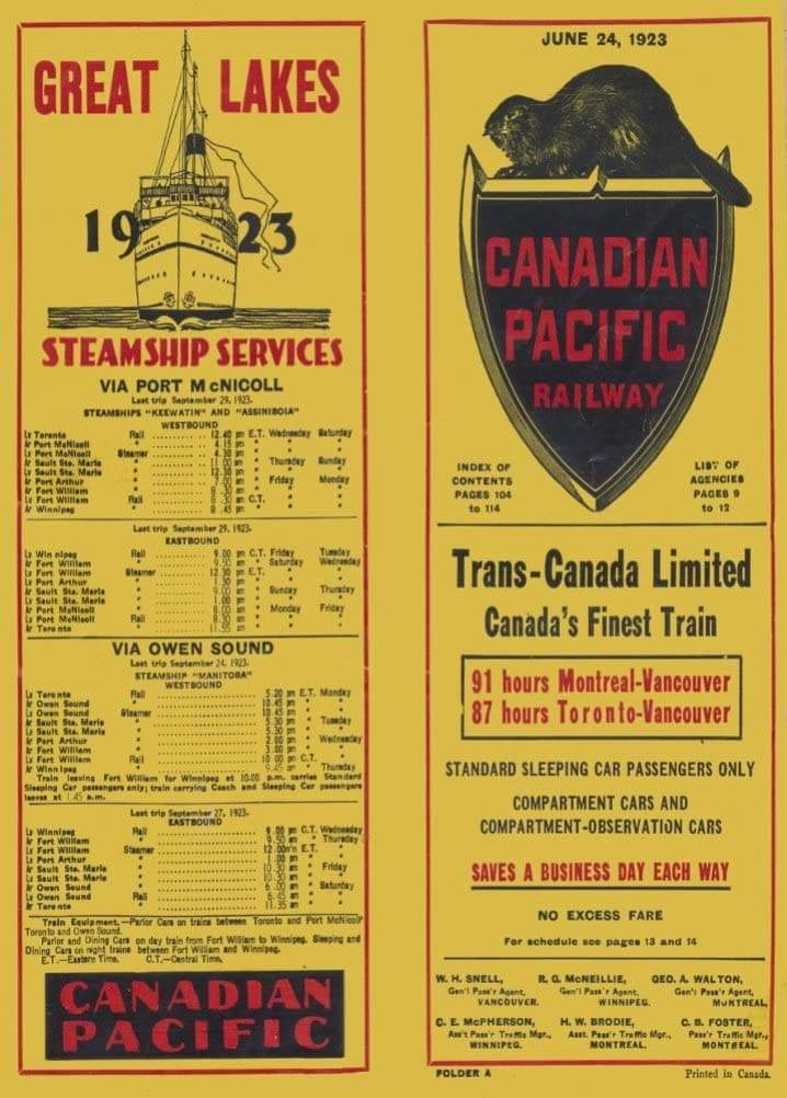 Vintage Travel Canada 'Canadian Railways and Steamship Company Timetable', 1923, Reproduction Vintage Art Deco Travel Poster (Various Sizes Available)