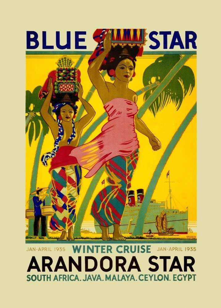 Vintage Travel 'Blue Star and Arandora Star for Winter Crusies to South Africa, Indonesia, Malaysia, Sri Lanka and Egypt', England, 1935, Reproduction Vintage Art Deco Travel Poster (Various Sizes Available)
