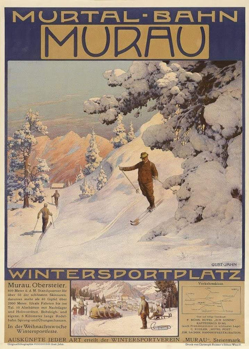 Vintage Travel Austria 'Mirtal Bahn Marau for Wintersport', Circa 1900's, Reproduction   Vintage Art Nouveau Skiing and Winter Sport Poster
