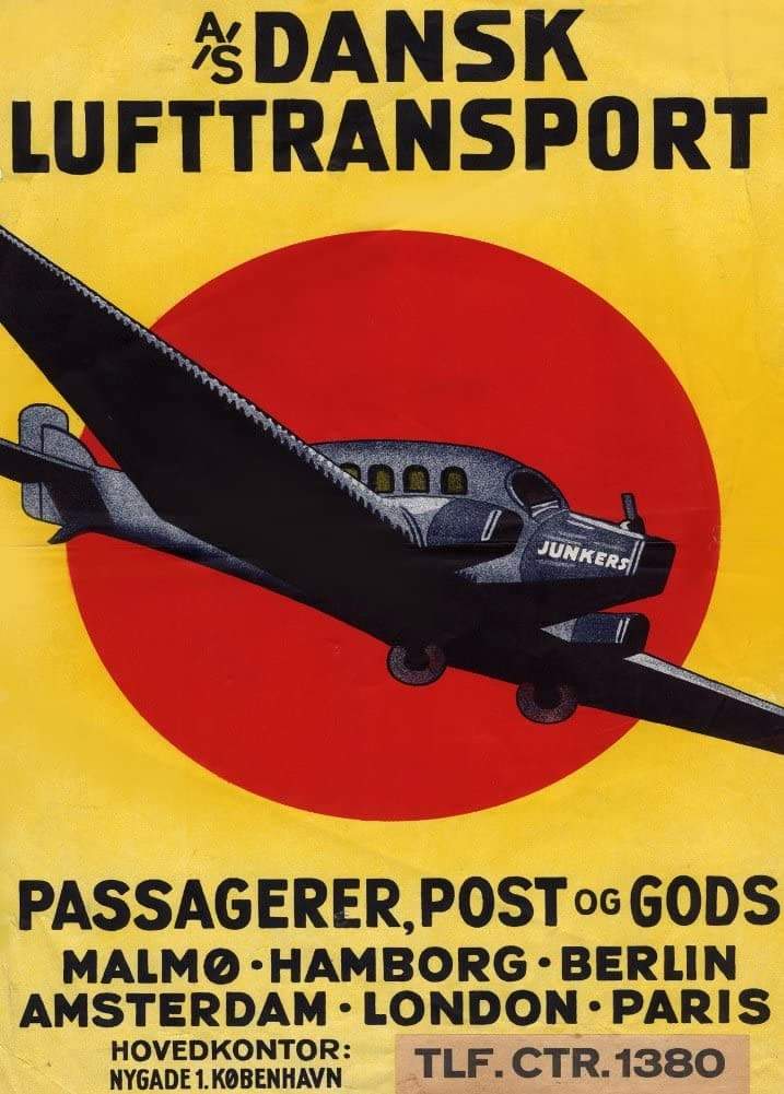 Vintage Travel Denmark 'Passengers, Post and Goods with Dansk Luftransport', 1926, Reproduction   Vintage Art Deco Travel Poster