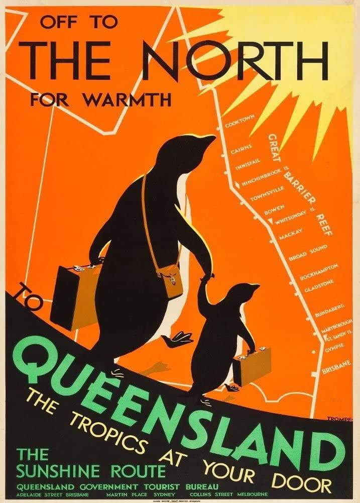 Vintage Travel Australia 'Queensland. Off to The North for Warmth', Australiam 1935, Reproduction   Vintage Art Deco Travel Poster