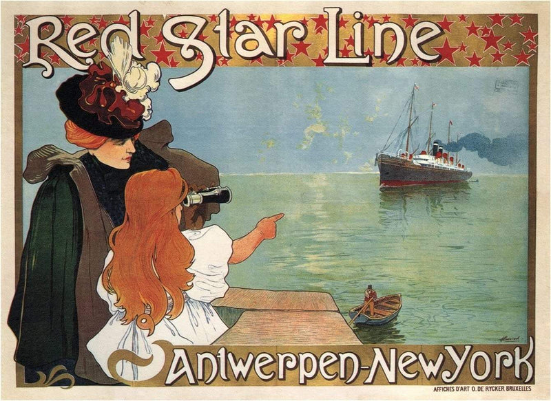 Vintage Travel Belgium 'Red Star Line to New York', Belgium, 1899, Henri Cassiers, Reproduction   Vintage Art Nouveau Travel Poster